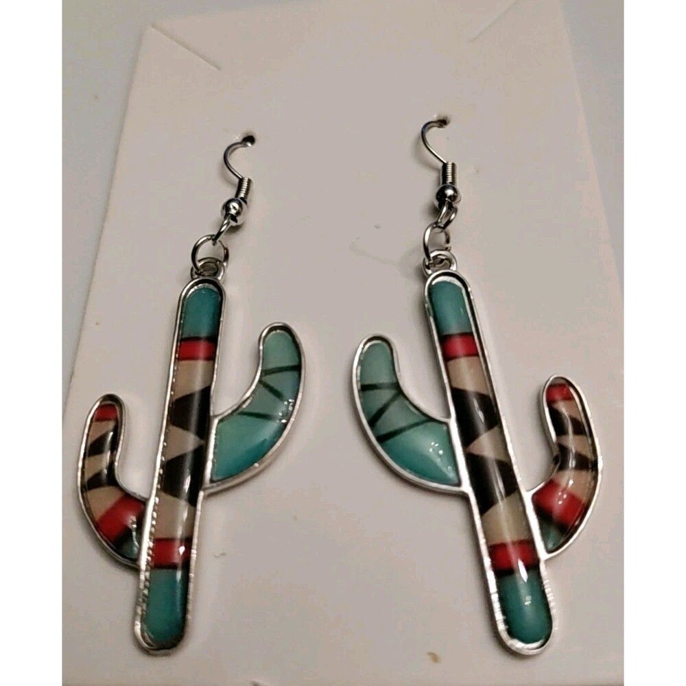 Fashion Faux Turquoise Aztec Cactus Design Pendant Earrings Women Silver Tone